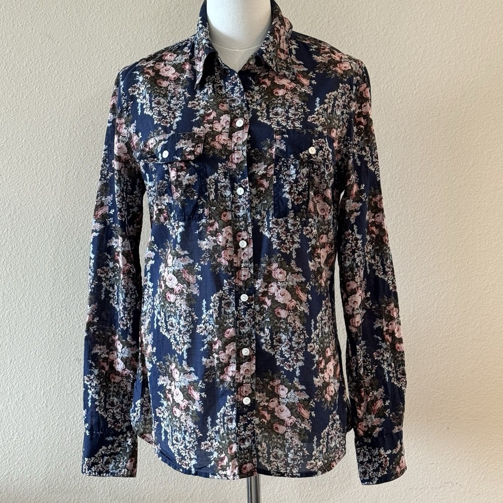 Lucky Brand Floral Button Up Shirt Women's S Cotton Cottagecore Western Navy